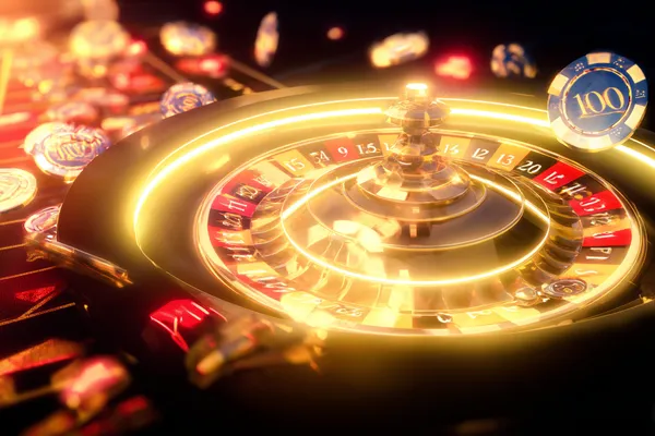 A glowing roulette wheel with cascading chips, symbolizing the engaging live and instant-win games available on OKPK.
